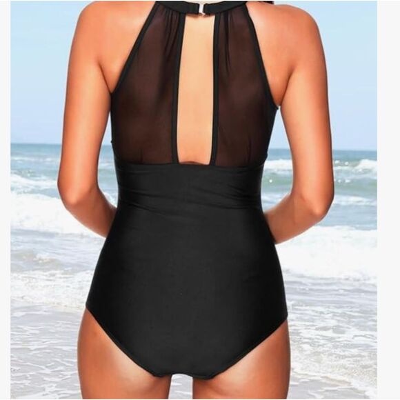 NEW Tempt Me Black One Piece Swimsuit Sheer Insert Tummy Control Size XL NWT - Picture 2 of 7